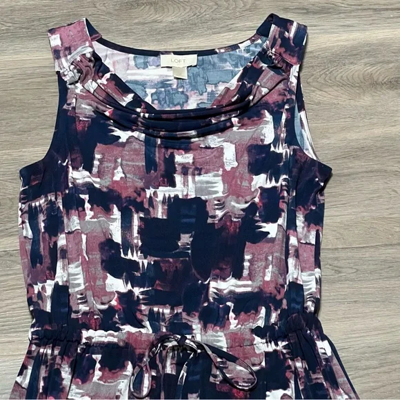 Loft Medium Dress Purple Blue Cowl Neck Drawstring Abstract Sleeveless Stretch - Picture 2 of 7